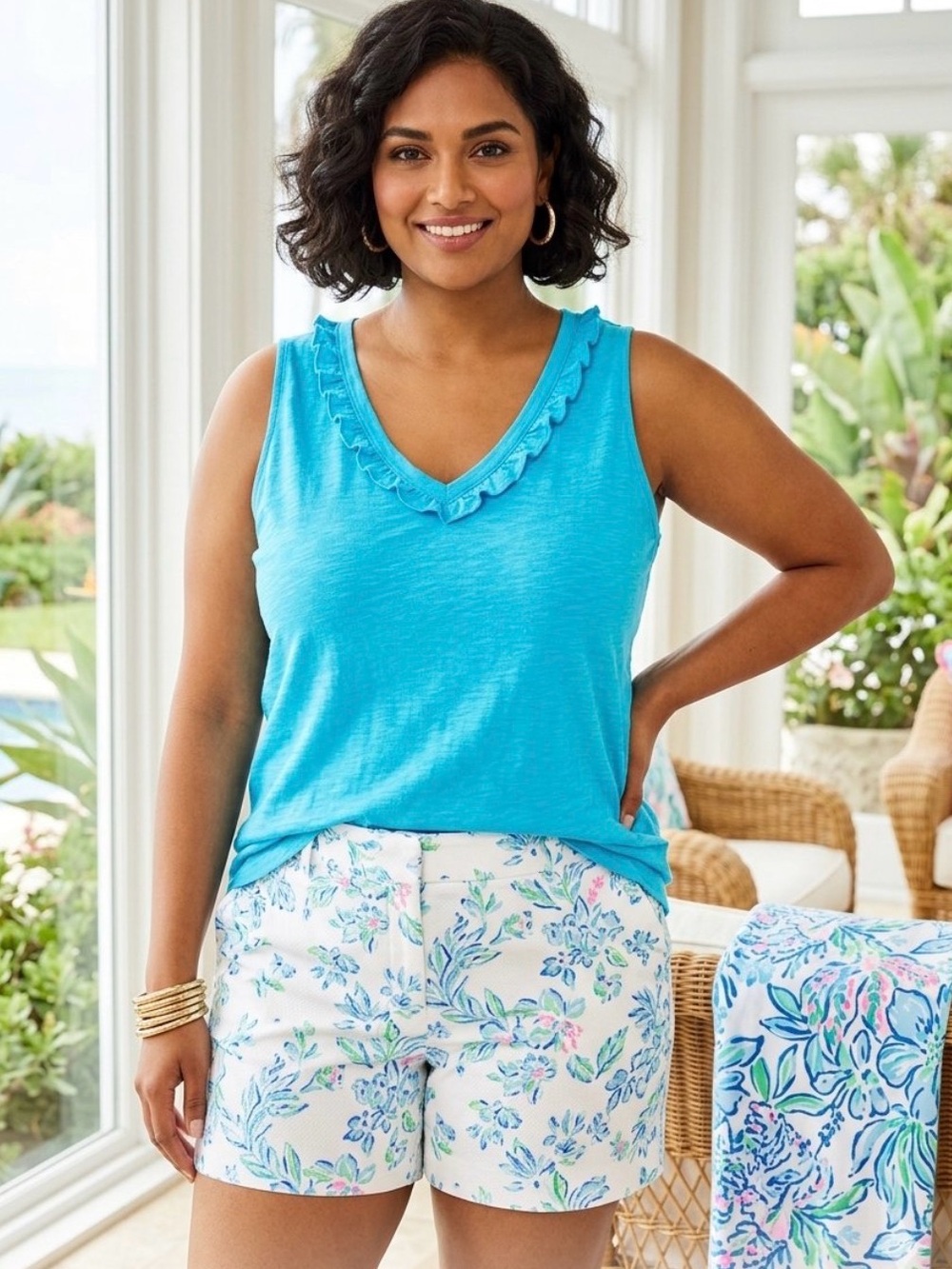 Lilly Pulitzer Turquoise Ruffle Trim V-Neck Tank